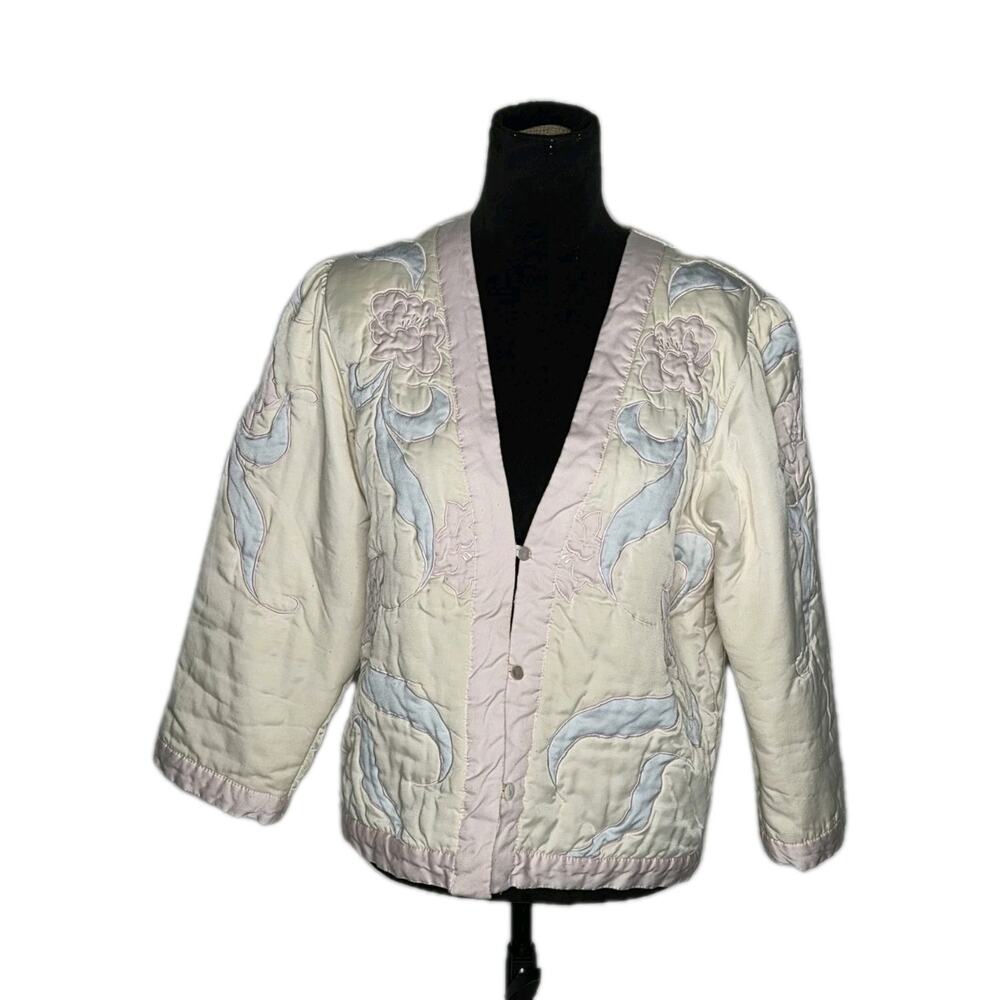 VTG Natori Quilted Housecoat Floral AppliquƩ Satin Lounge Bed Jacket No Size Tag